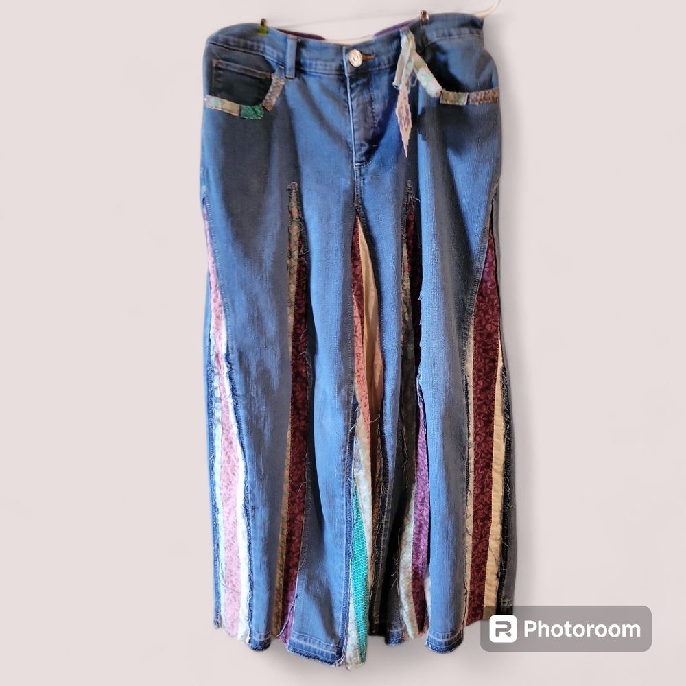 HAND CRAFTED Maxi Skirt UPCYCLED Blue Denim Jean Floral Geometric Size 8
